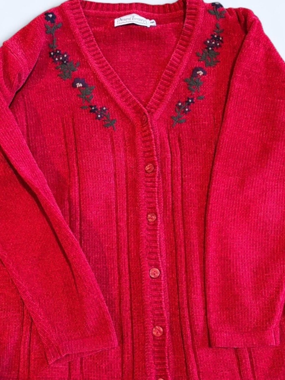 Red Embroidered V-Neck Button Cardigan